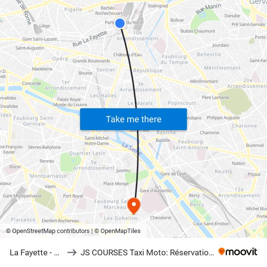 La Fayette - Magenta - Gare du Nord to JS COURSES Taxi Moto: Réservation taxi moto Paris Aéroport Orly Roissy Motorcycle Taxi map