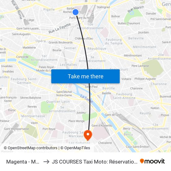 Magenta - Maubeuge - Gare du Nord to JS COURSES Taxi Moto: Réservation taxi moto Paris Aéroport Orly Roissy Motorcycle Taxi map