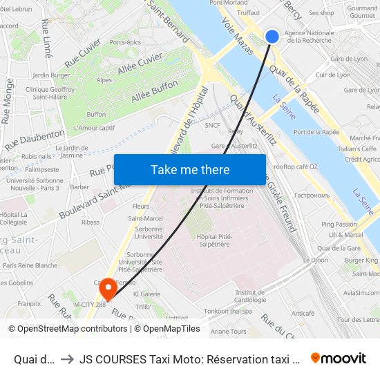 Quai de la Rapée to JS COURSES Taxi Moto: Réservation taxi moto Paris Aéroport Orly Roissy Motorcycle Taxi map