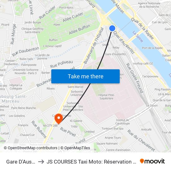 Gare D'Austerlitz - Cour Seine to JS COURSES Taxi Moto: Réservation taxi moto Paris Aéroport Orly Roissy Motorcycle Taxi map