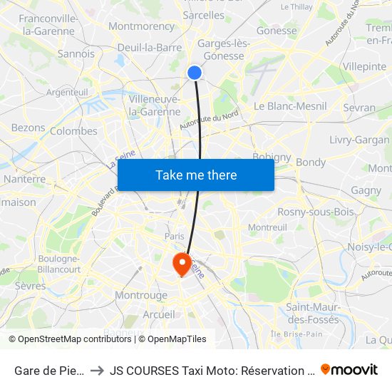 Gare de Pierrefitte - Stains RER to JS COURSES Taxi Moto: Réservation taxi moto Paris Aéroport Orly Roissy Motorcycle Taxi map