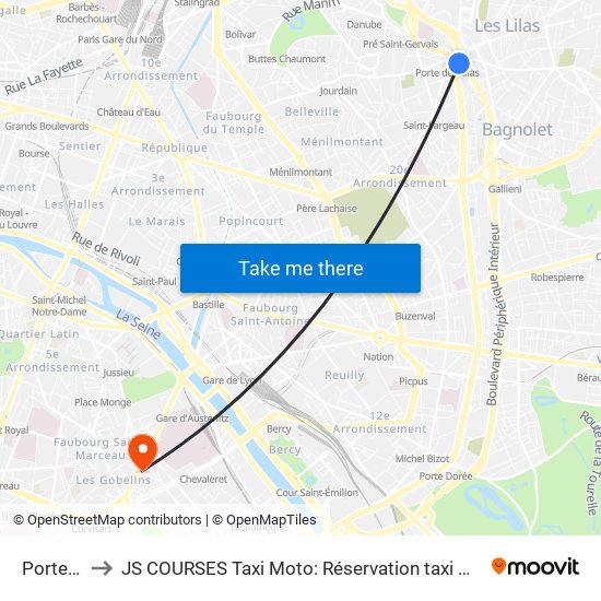 Porte Des Lilas to JS COURSES Taxi Moto: Réservation taxi moto Paris Aéroport Orly Roissy Motorcycle Taxi map