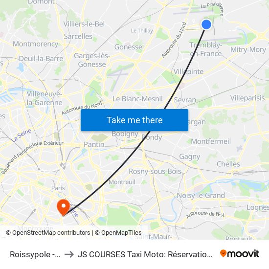 Roissypole - Aéroport Cdg1 (G1) to JS COURSES Taxi Moto: Réservation taxi moto Paris Aéroport Orly Roissy Motorcycle Taxi map
