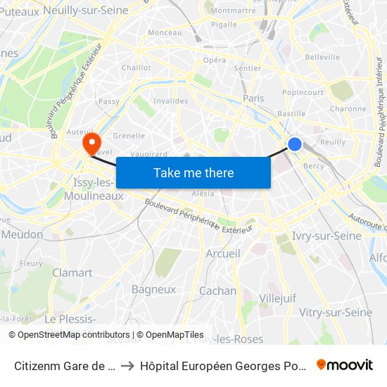 Citizenm Gare de Lyon to Hôpital Européen Georges Pompidou map