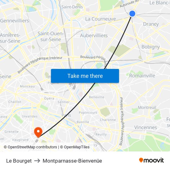 Le Bourget to Montparnasse-Bienvenüe map