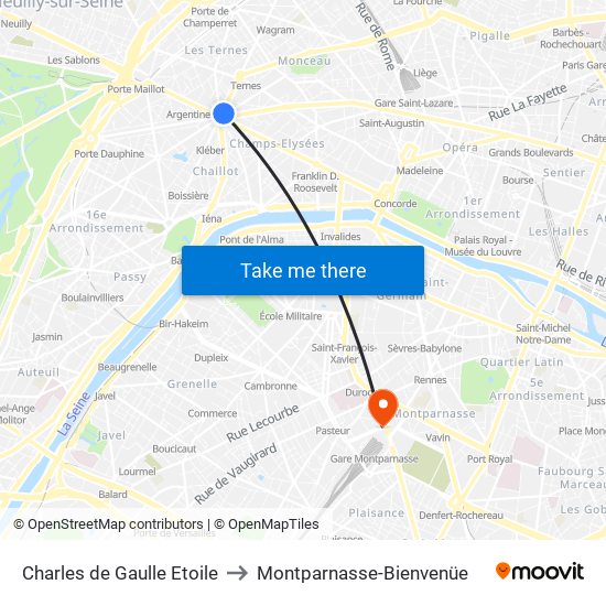 Charles de Gaulle Etoile to Montparnasse-Bienvenüe map
