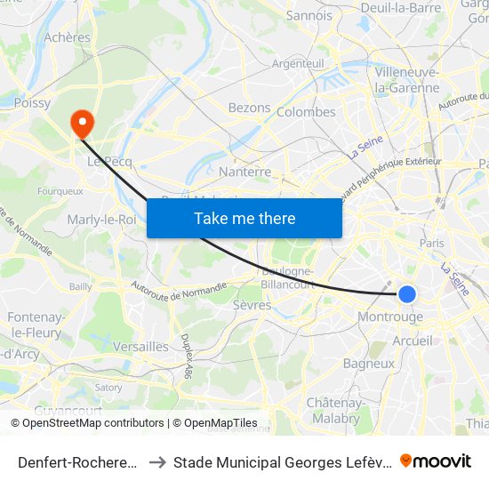 Denfert-Rochereau to Stade Municipal Georges Lefèvre map