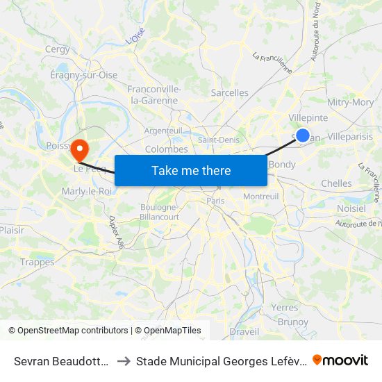 Sevran Beaudottes to Stade Municipal Georges Lefèvre map