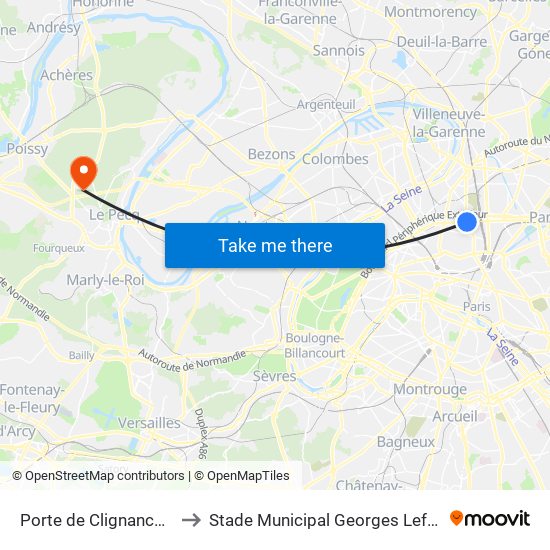 Porte de Clignancourt to Stade Municipal Georges Lefèvre map