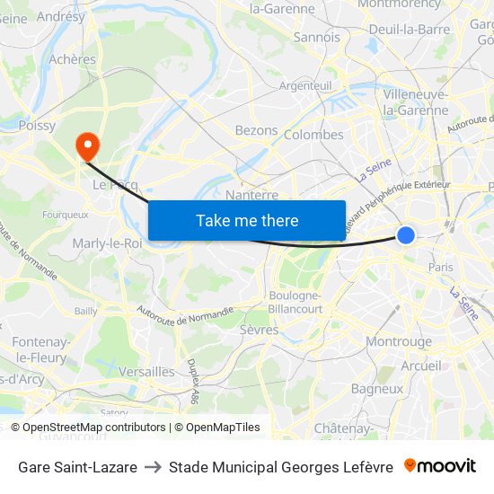 Gare Saint-Lazare to Stade Municipal Georges Lefèvre map