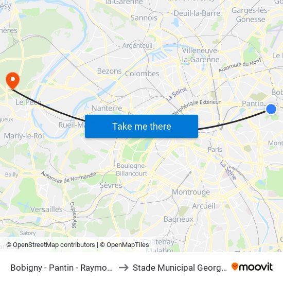 Bobigny - Pantin - Raymond Queneau to Stade Municipal Georges Lefèvre map