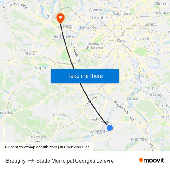 Brétigny to Stade Municipal Georges Lefèvre map