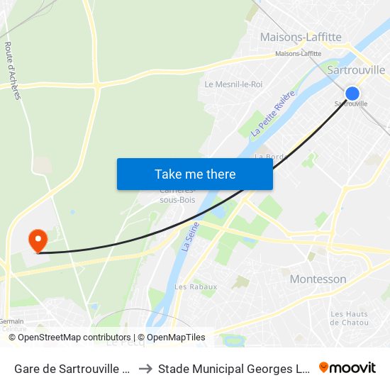 Gare de Sartrouville - RER to Stade Municipal Georges Lefèvre map