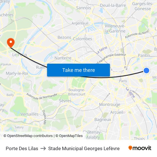 Porte Des Lilas to Stade Municipal Georges Lefèvre map