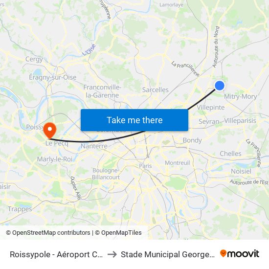 Roissypole - Aéroport Cdg1 (G1) to Stade Municipal Georges Lefèvre map