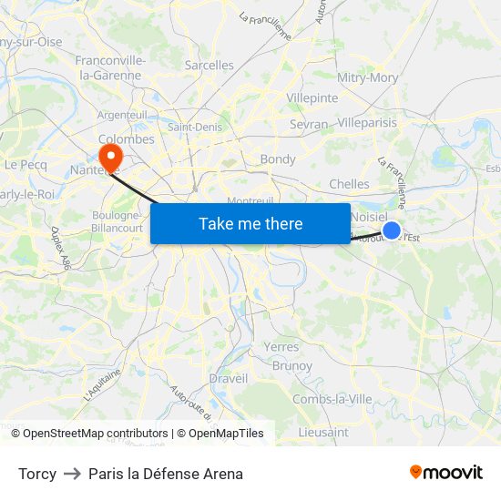 Torcy to Paris la Défense Arena map