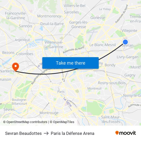 Sevran Beaudottes to Paris la Défense Arena map