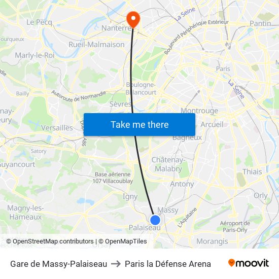 Gare de Massy-Palaiseau to Paris la Défense Arena map