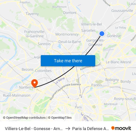Villiers-Le-Bel - Gonesse - Arnouville to Paris la Défense Arena map