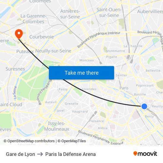 Gare de Lyon to Paris la Défense Arena map