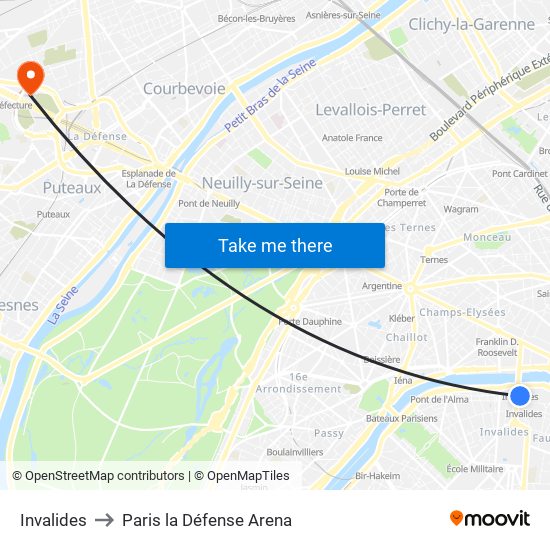 Invalides to Paris la Défense Arena map