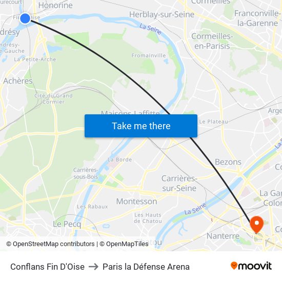 Conflans Fin D'Oise to Paris la Défense Arena map