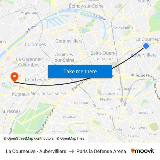 La Courneuve - Aubervilliers to Paris la Défense Arena map