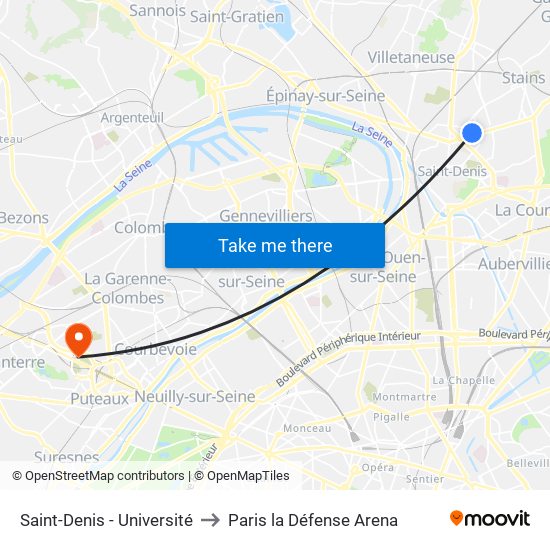Saint-Denis - Université to Paris la Défense Arena map