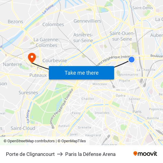 Porte de Clignancourt to Paris la Défense Arena map