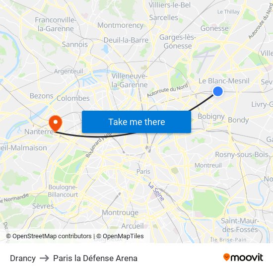 Drancy to Paris la Défense Arena map