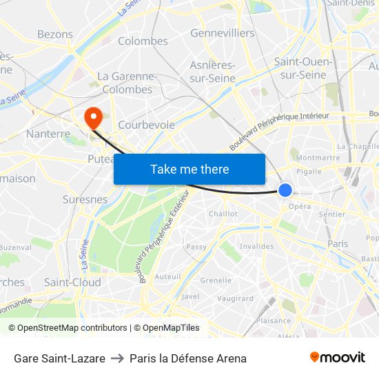 Gare Saint-Lazare to Paris la Défense Arena map