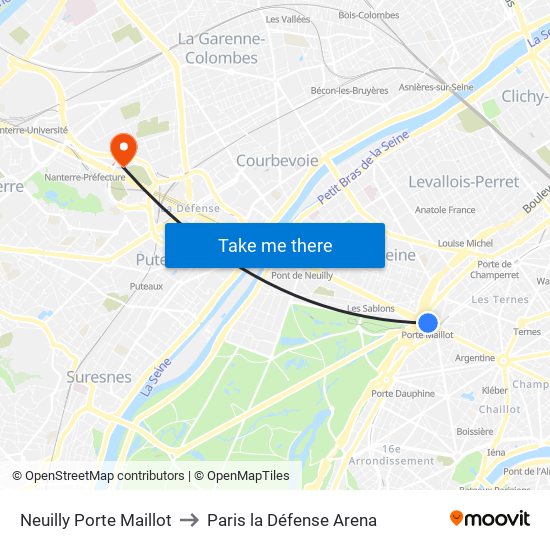 Neuilly Porte Maillot to Paris la Défense Arena map