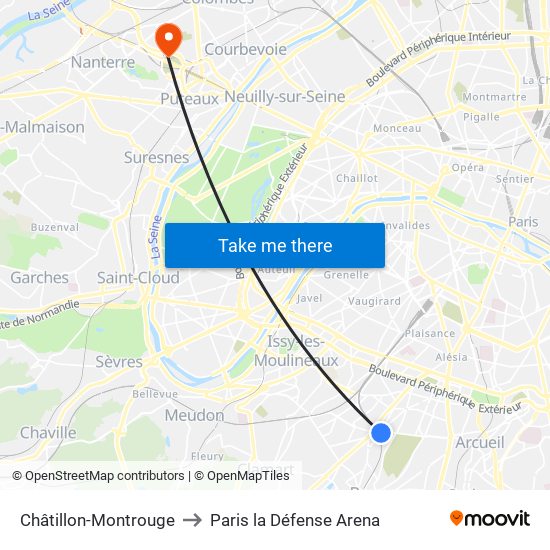 Châtillon-Montrouge to Paris la Défense Arena map