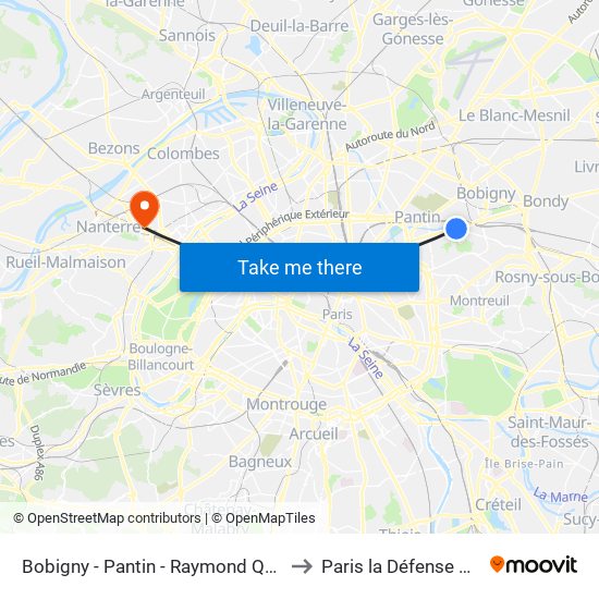 Bobigny - Pantin - Raymond Queneau to Paris la Défense Arena map