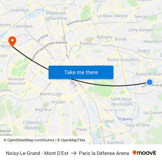 Noisy-Le-Grand - Mont D'Est to Paris la Défense Arena map