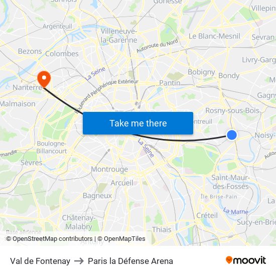 Val de Fontenay to Paris la Défense Arena map