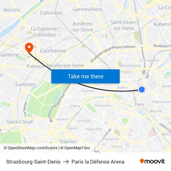 Strasbourg-Saint-Denis to Paris la Défense Arena map