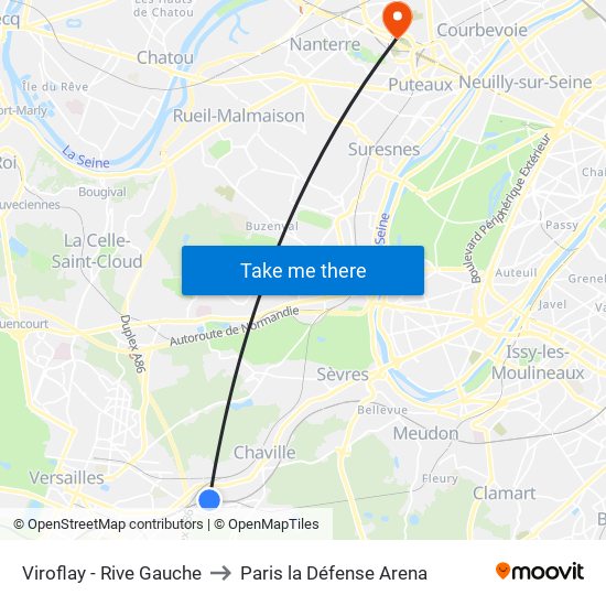 Viroflay - Rive Gauche to Paris la Défense Arena map