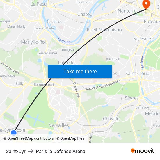 Saint-Cyr to Paris la Défense Arena map