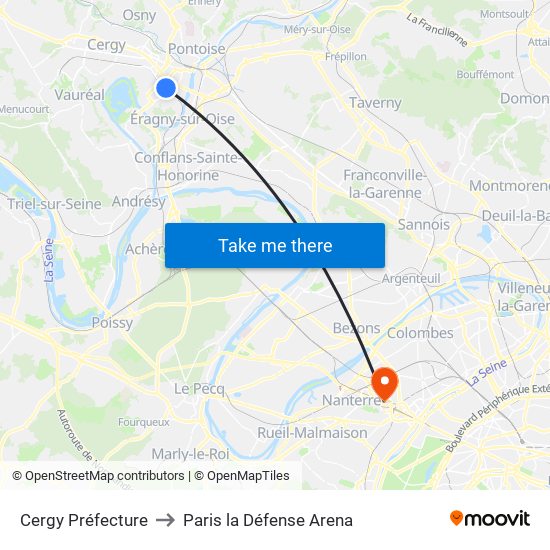 Cergy Préfecture to Paris la Défense Arena map