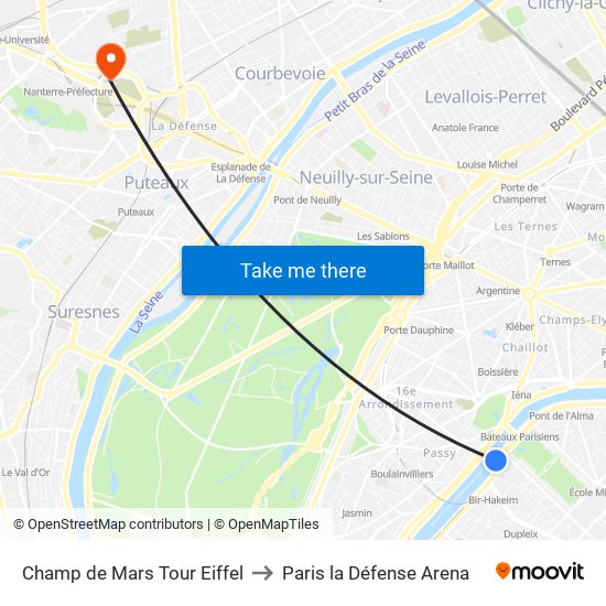 Champ de Mars Tour Eiffel to Paris la Défense Arena map