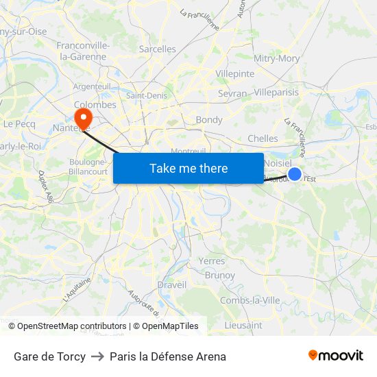 Gare de Torcy to Paris la Défense Arena map