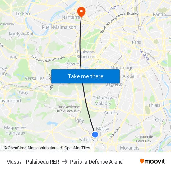 Massy - Palaiseau RER to Paris la Défense Arena map