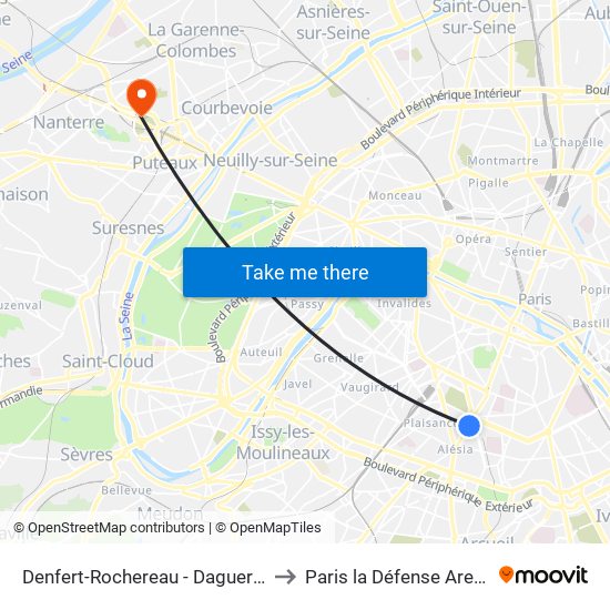 Denfert-Rochereau - Daguerre to Paris la Défense Arena map