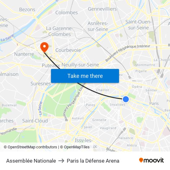 Assemblée Nationale to Paris la Défense Arena map