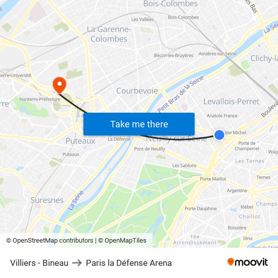 Villiers - Bineau to Paris la Défense Arena map