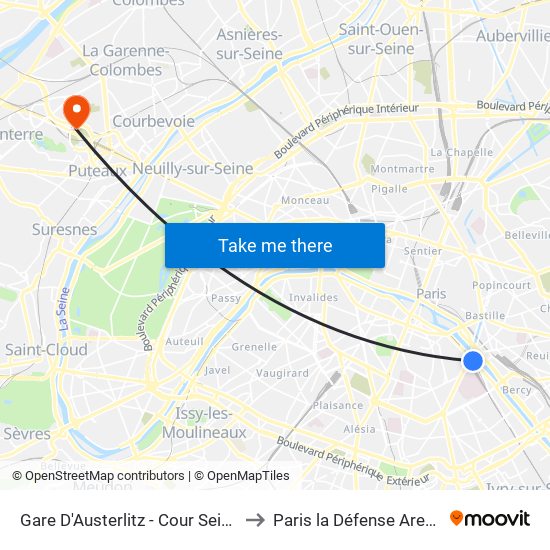 Gare D'Austerlitz - Cour Seine to Paris la Défense Arena map