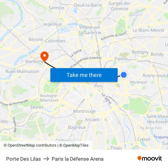 Porte Des Lilas to Paris la Défense Arena map