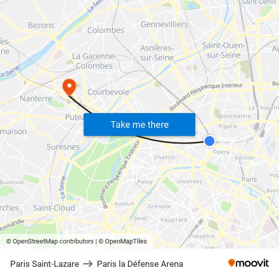 Paris Saint-Lazare to Paris la Défense Arena map