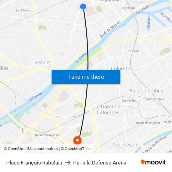 Place François Rabelais to Paris la Défense Arena map